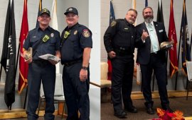 (left) Engineer Doug Kerns poses with Lt. Matt Asbell and (right) Chief Cliff Cason poses with Detective Matthew Kumnick after t