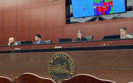 Mayor Sams and members of the City Council listen during a presentation Monday night 
