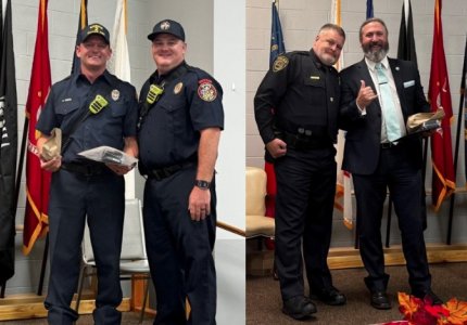 (left) Engineer Doug Kerns poses with Lt. Matt Asbell and (right) Chief Cliff Cason poses with Detective Matthew Kumnick after t