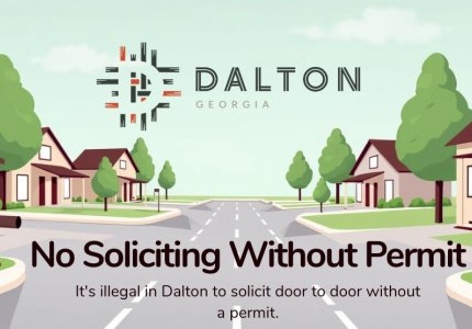 A graphic shows a cartoon style city street with houses on either side, the City logo, and a warning that soliciting is illegal 