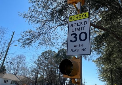 A school zone speed limit sign in the Dalton High School zone