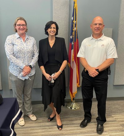 CDC Director Dr. Rochelle Walensky (center) met with City Councilmember Annalee Harlan (left) and Chief Todd Pangle Thursday