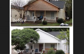 A before and after comparison of repair and renovation work on a residence on Long Street in Dalton