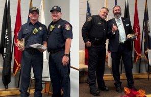 (left) Engineer Doug Kerns poses with Lt. Matt Asbell and (right) Chief Cliff Cason poses with Detective Matthew Kumnick after t