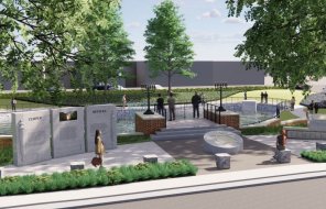 An artist rendering shows what the new memorial park at the site of the Temple Beth-El synagogue will look like once complete
