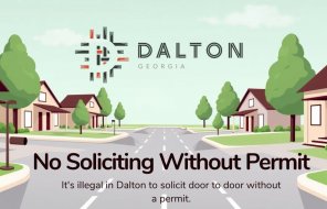 A graphic shows a cartoon style city street with houses on either side, the City logo, and a warning that soliciting is illegal 