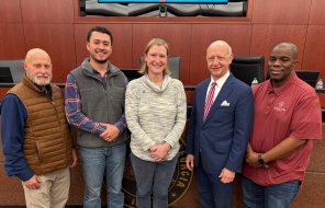 Dalton Councilmembers (L to R) Dennis Mock, Nicky Lama, Steve Farrow, and Tyree Goodlett pose with Mayor Annalee Sams (center) a