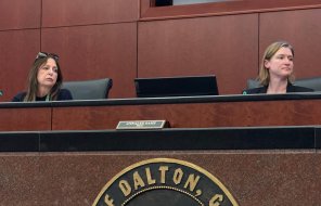 City Councilmember Julie Locke and Mayor Sams sit on the stage during a City Council meeting