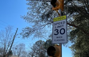A school zone speed limit sign posted near Dalton High School 