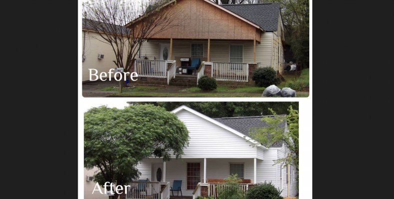 A before and after comparison of repair and renovation work on a residence on Long Street in Dalton