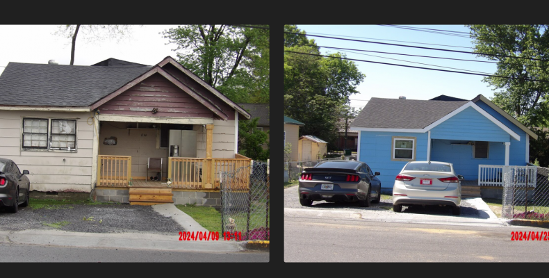 A before-and-after comparison shows the results of work done by a property owner on McAfee Street 