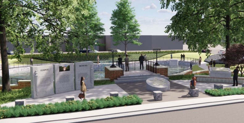 An artist rendering shows what the new memorial park at the site of the Temple Beth-El synagogue will look like once complete