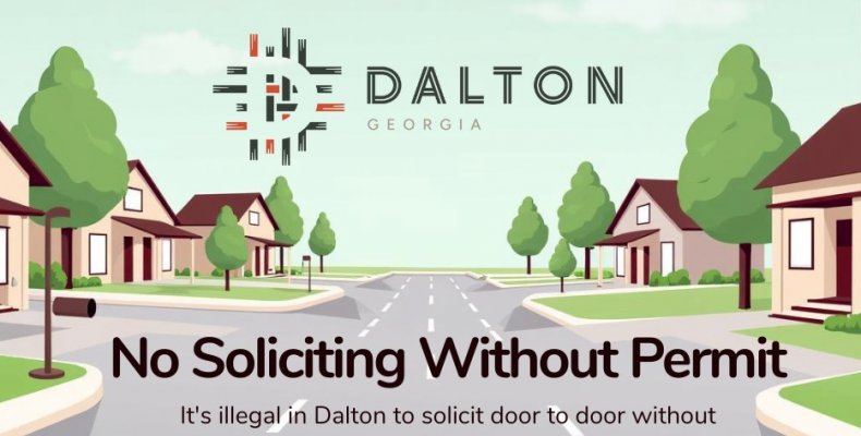 A graphic shows a cartoon style city street with houses on either side, the City logo, and a warning that soliciting is illegal 