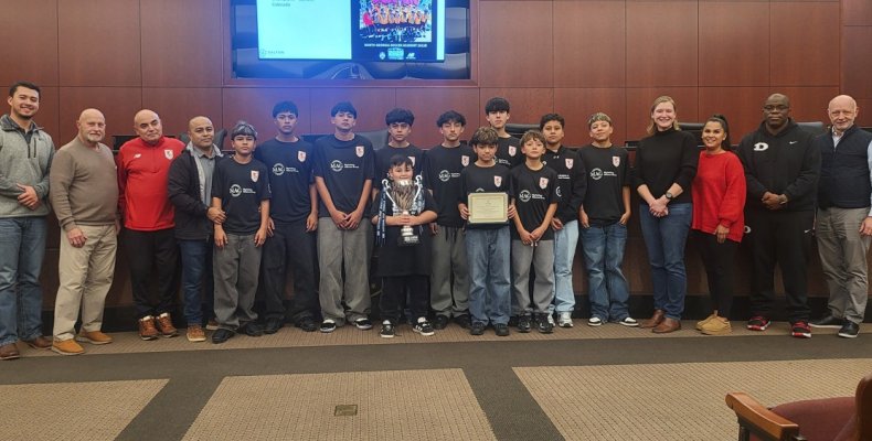 Members of the North Georgia Soccer Academy's National Champs posed with the Dalton Mayor and Council Monday night