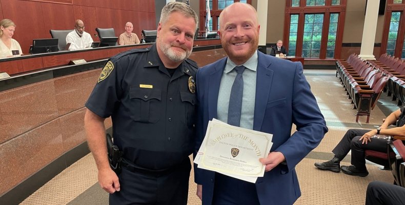 Chief Cliff Cason honored Detective Ben Ridley (right) as the DPD's Officer of the Month for April 