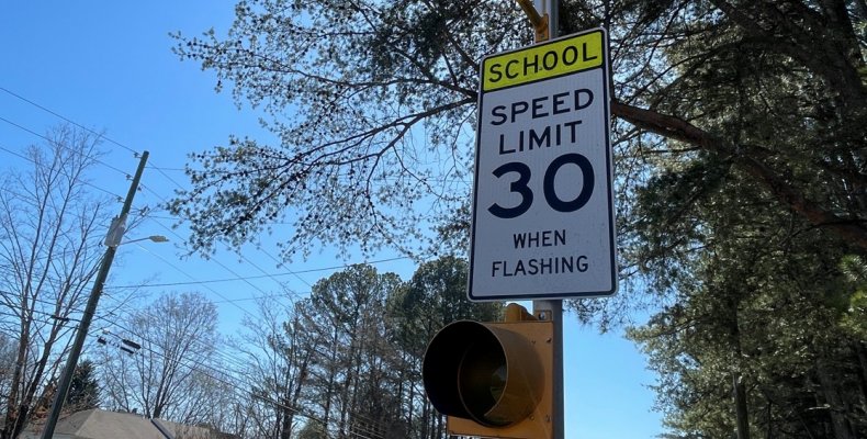 A school zone speed limit sign in the Dalton High School zone